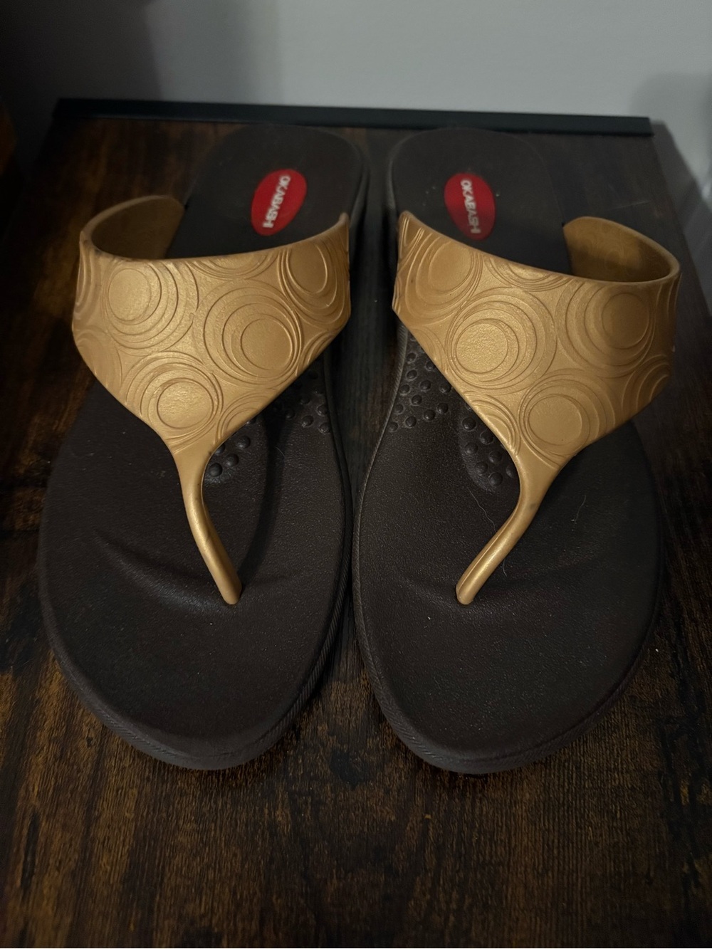 Okabashi Gold Thong Sandals with Dark Brown Footbed